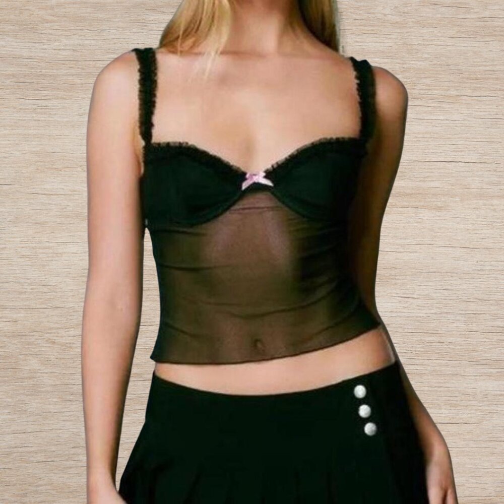 I.AM.GIA Black Mesh Cami with Pink Bow Fleur Tank Women’s Size Small Party Top